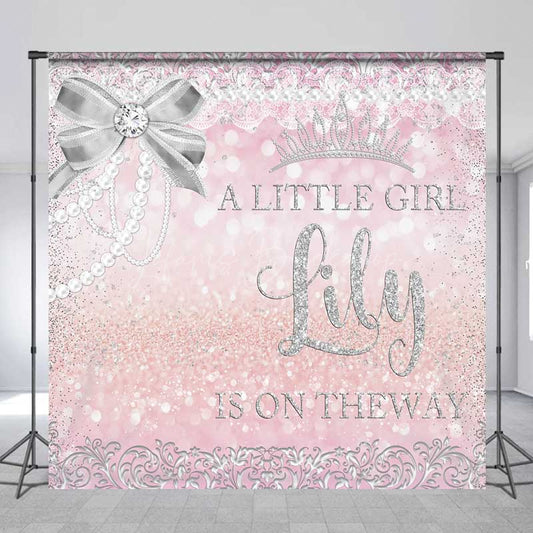 Lofaris A Little Girl Is On The Way Custom Backdrop Pink and Silver Glitter Baby Shower Princess Crown Pearls Banner