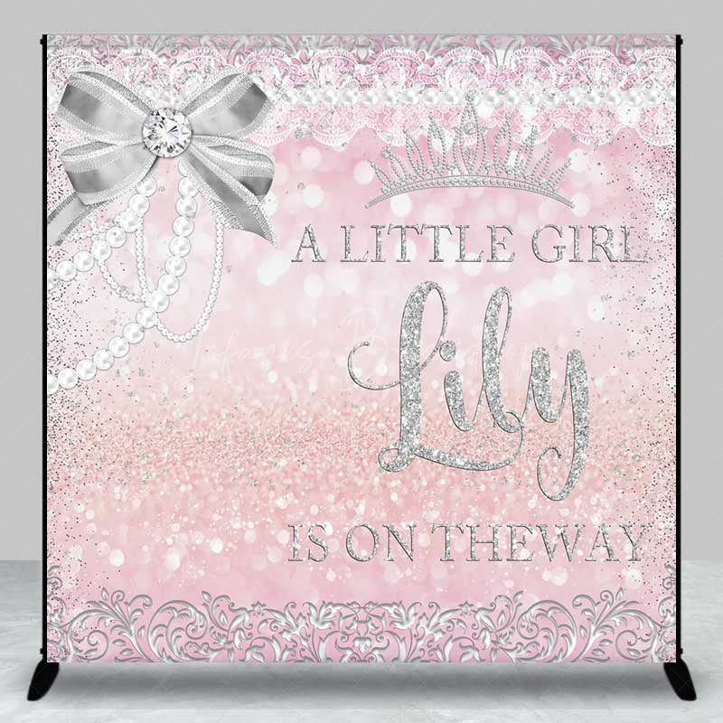 Lofaris A Little Girl Is On The Way Custom Backdrop Pink and Silver Glitter Baby Shower Princess Crown Pearls Banner