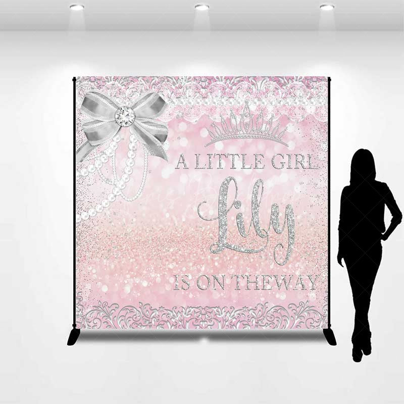 Lofaris A Little Girl Is On The Way Custom Backdrop Pink and Silver Glitter Baby Shower Princess Crown Pearls Banner