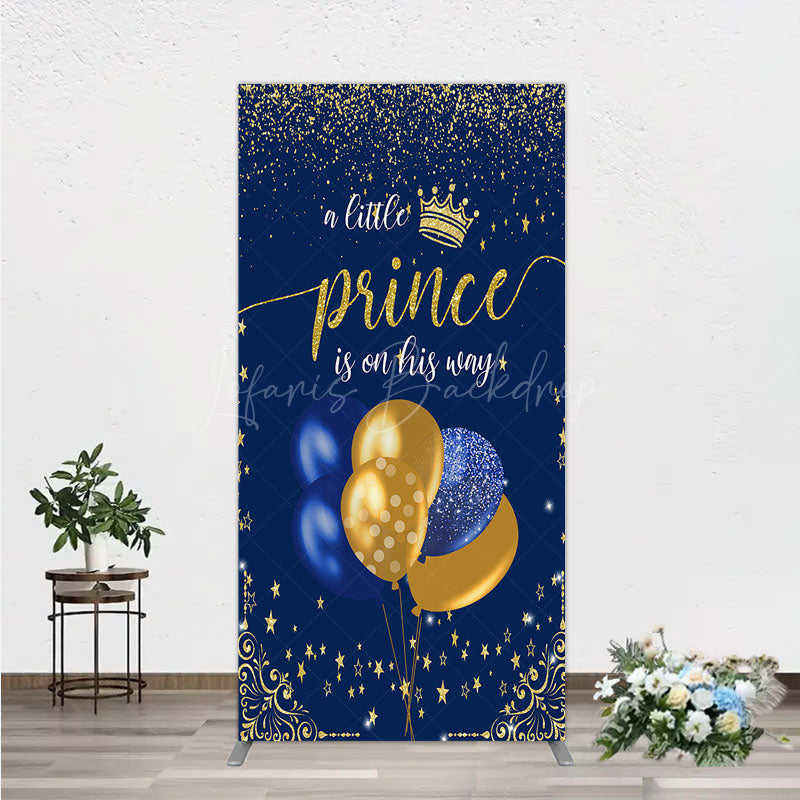Lofaris A Little Prince is on His Way Rectangle Backdrop Royal Blue and Gold Balloons Boy Baby Shower Party Decor