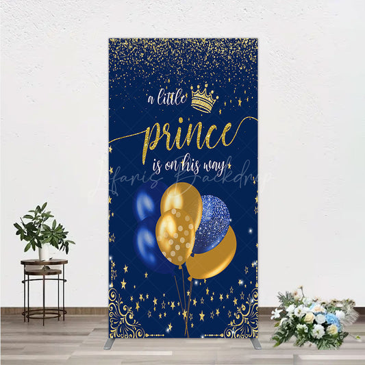 Lofaris A Little Prince is on His Way Rectangle Backdrop Royal Blue and Gold Balloons Boy Baby Shower Party Decor