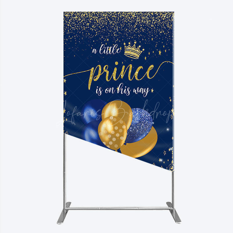 Lofaris A Little Prince is on His Way Rectangle Backdrop Royal Blue and Gold Balloons Boy Baby Shower Party Decor