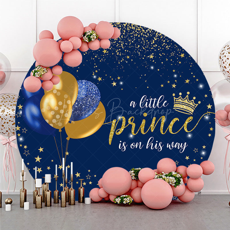 Lofaris A Little Prince is on His Way Round Backdrop Royal Blue and Gold with Crown Themed Baby Shower Decor