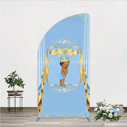 Lofaris A Little Prince Royal Blue Baby Shower Half Moon Arch Backdrop Diamond and Gold Crown Party Cover