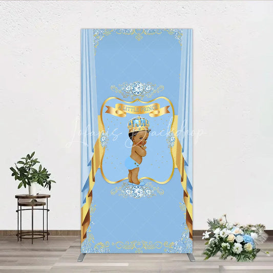 Lofaris A Little Prince Royal Blue Baby Shower Rectangle Backdrop Diamond and Gold Crown Party Cover