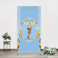 Lofaris A Little Prince Royal Blue Baby Shower Rectangle Backdrop Diamond and Gold Crown Party Cover