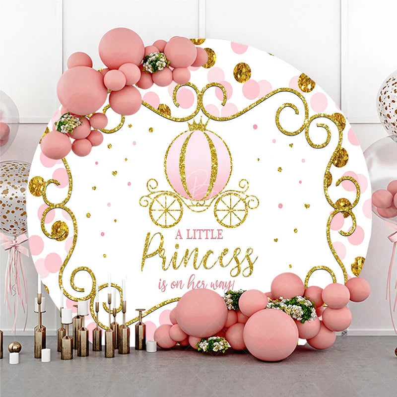 Lofaris A Little Princess is on her Way Round Backdrop Pink and Gold Carriage Girl Baby Shower Party Photo Booth Decor