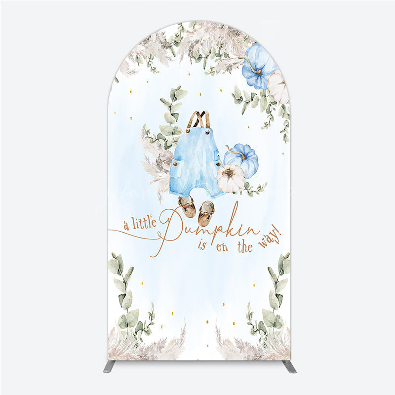 Lofaris A Little Pumpkin is on the Way Arch Backdrop Boho Baby Shower Decor with Pampas Grass Blue Overalls Theme for Boy