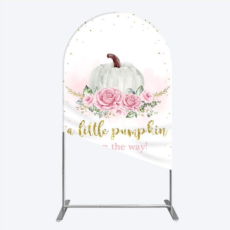 Lofaris A Little Pumpkin is on the Way Arch Backdrop Pink Floral and Gold Glitter Girl Baby Shower Party Decor