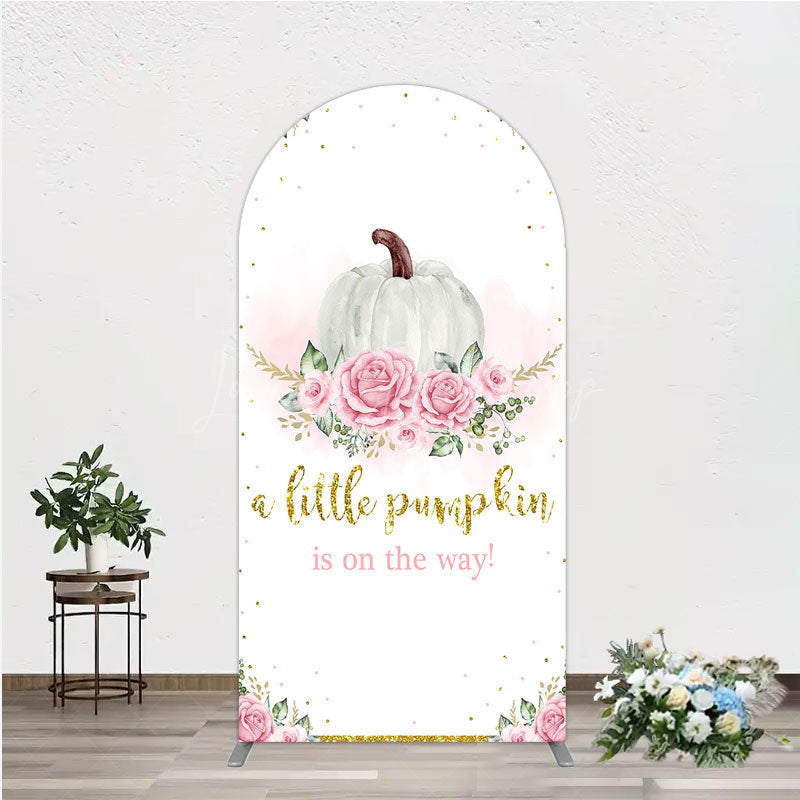 Lofaris A Little Pumpkin is on the Way Arch Backdrop Pink Floral and Gold Glitter Girl Baby Shower Party Decor