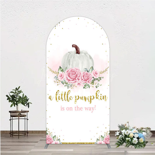Lofaris A Little Pumpkin is on the Way Arch Backdrop Pink Floral and Gold Glitter Girl Baby Shower Party Decor