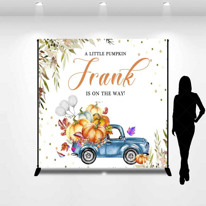 Lofaris A Little Pumpkin is on the Way Custom Backdrop Blue Vintage Truck with Pumpkins Rustic Autumn Welcome Sign