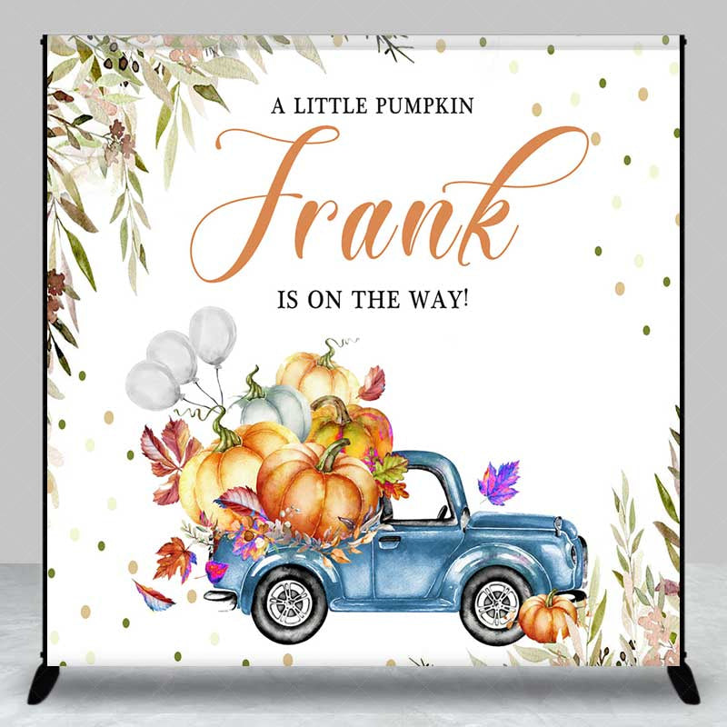 Lofaris A Little Pumpkin is on the Way Custom Backdrop Blue Vintage Truck with Pumpkins Rustic Autumn Welcome Sign