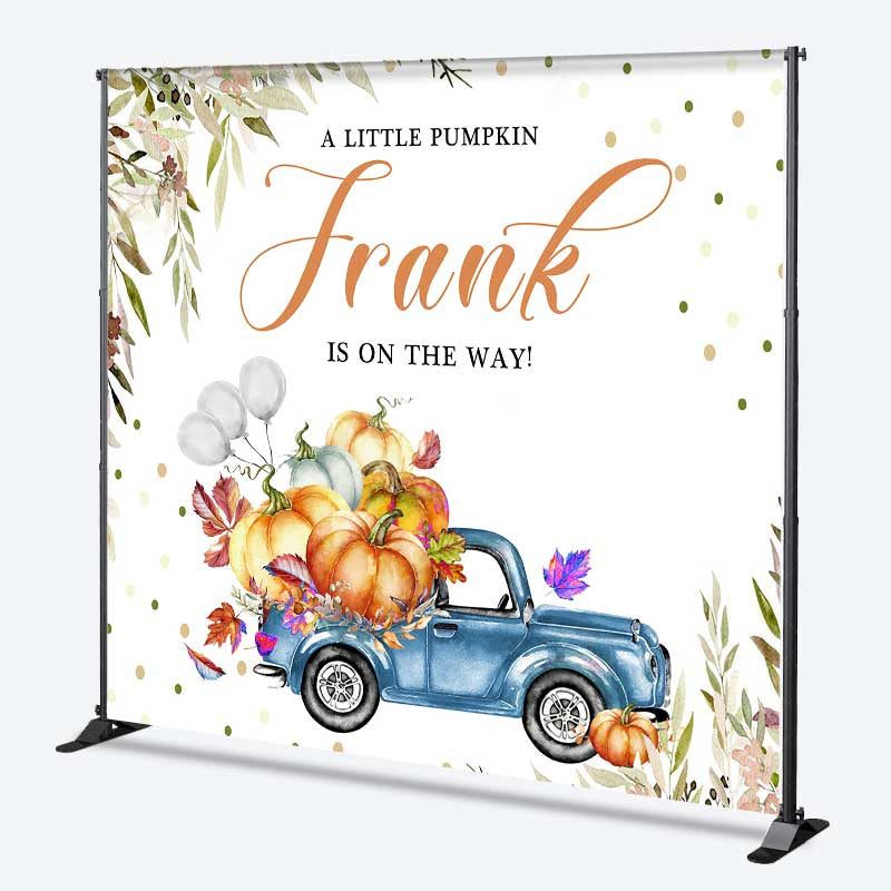 Lofaris A Little Pumpkin is on the Way Custom Backdrop Blue Vintage Truck with Pumpkins Rustic Autumn Welcome Sign