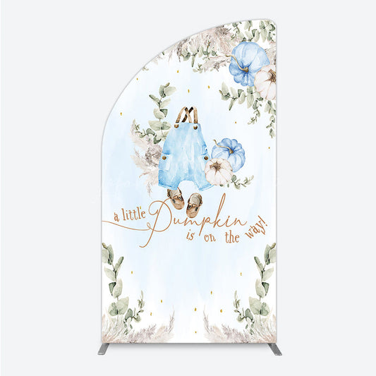 Lofaris A Little Pumpkin is on the Way Half Moon Arch Backdrop Boho Baby Shower Decor with Pampas Grass Blue Overalls Theme for Boy