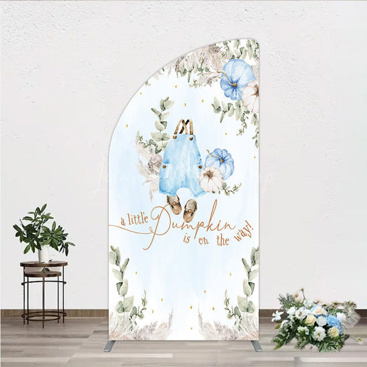 Lofaris A Little Pumpkin is on the Way Half Moon Arch Backdrop Boho Baby Shower Decor with Pampas Grass Blue Overalls Theme for Boy
