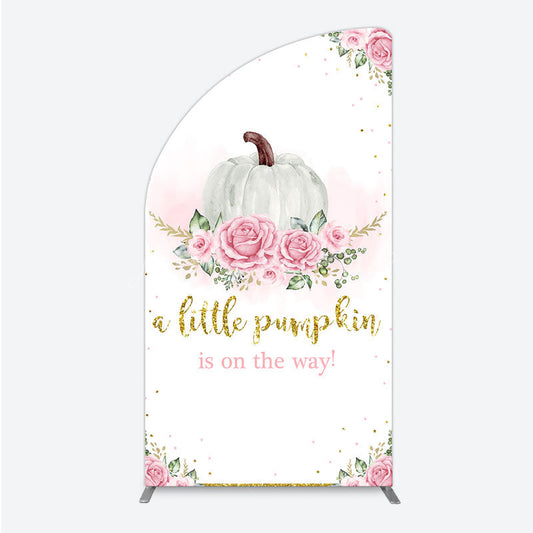 Lofaris A Little Pumpkin is on the Way Half Moon Arch Backdrop Pink Floral and Gold Glitter Girl Baby Shower Party Decor