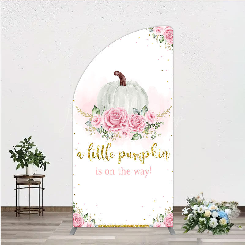 Lofaris A Little Pumpkin is on the Way Half Moon Arch Backdrop Pink Floral and Gold Glitter Girl Baby Shower Party Decor