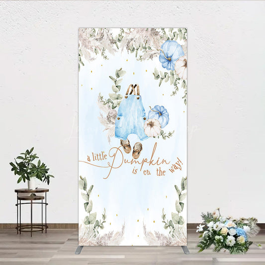 Lofaris A Little Pumpkin is on the Way Rectangle Backdrop Boho Baby Shower Decor with Pampas Grass Blue Overalls Theme for Boy