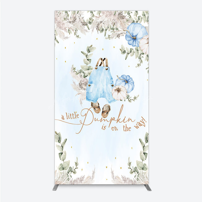 Lofaris A Little Pumpkin is on the Way Rectangle Backdrop Boho Baby Shower Decor with Pampas Grass Blue Overalls Theme for Boy