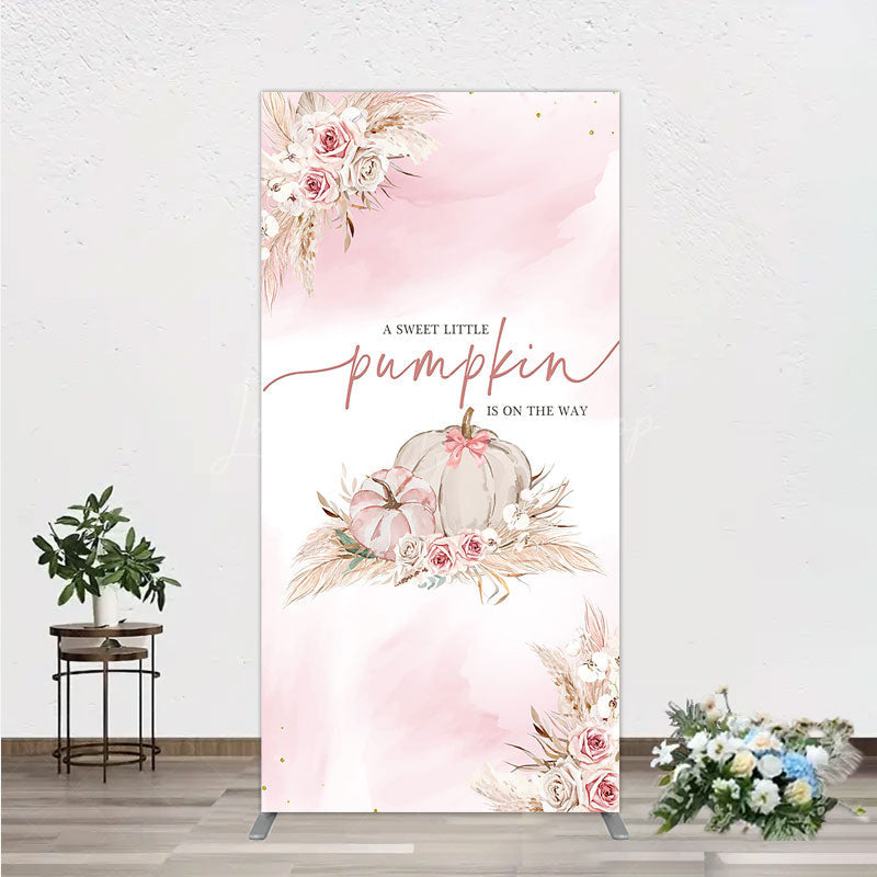 Lofaris A Little Pumpkin is on the Way Rectangle Backdrop Boho Pink Floral Baby Shower Fall Pampas Grass Party Decor