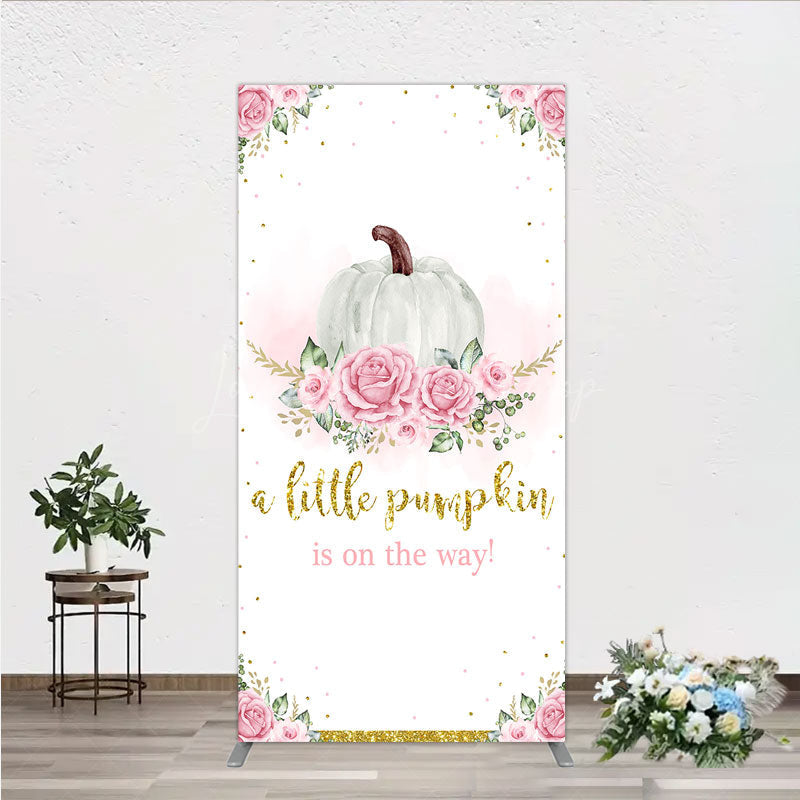 Lofaris A Little Pumpkin is on the Way Rectangle Backdrop Pink Floral and Gold Glitter Girl Baby Shower Party Decor
