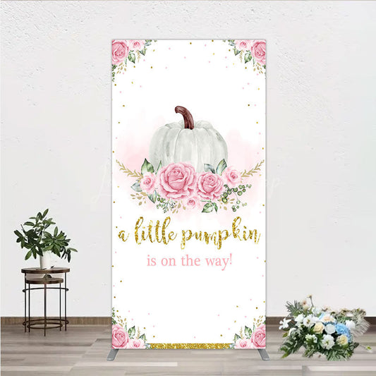 Lofaris A Little Pumpkin is on the Way Rectangle Backdrop Pink Floral and Gold Glitter Girl Baby Shower Party Decor