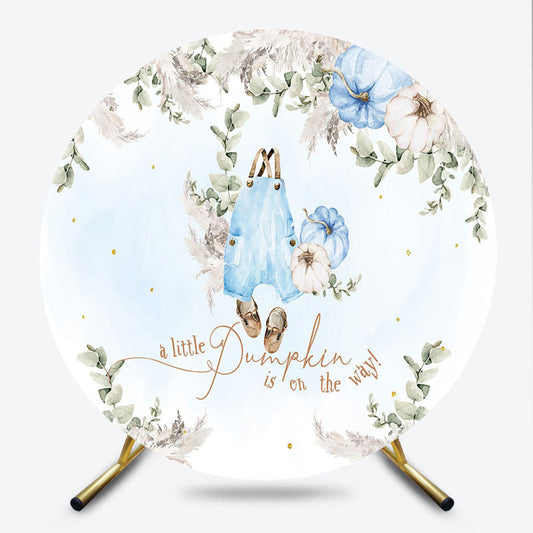 Lofaris A Little Pumpkin is on the Way Round Backdrop Blue and White Decor Boho Boy Baby Shower Photo Prop