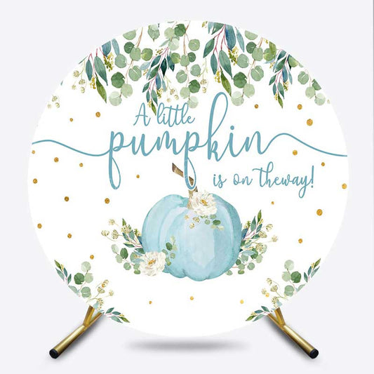 Lofaris A Little Pumpkin is on the Way Round Backdrop Blue and Eucalyptus Boys Rustic Baby Shower Photo Prop