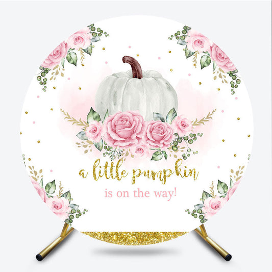 Lofaris A Little Pumpkin is on the Way Round Backdrop Pink Floral and Gold Glitter Girl Baby Shower Party Decor