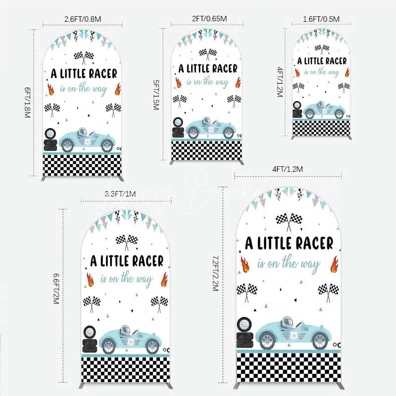Lofaris A Little Racer is on the Way Arch Backdrop Blue Race Car and Checkered Flag Baby Shower Decor