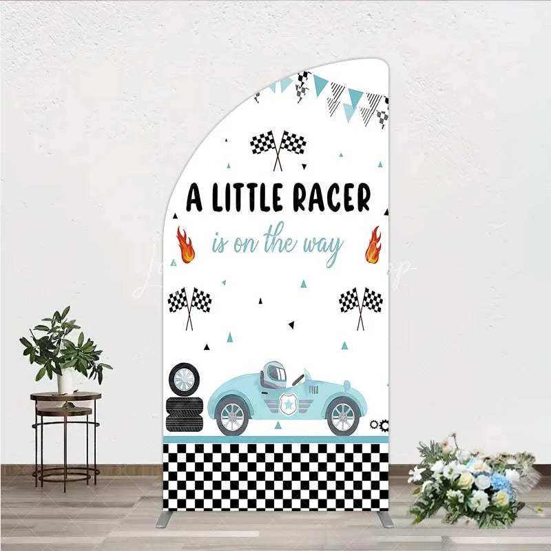 Lofaris A Little Racer is on the Way Half Moon Arch Backdrop Blue Race Car and Checkered Flag Baby Shower Decor