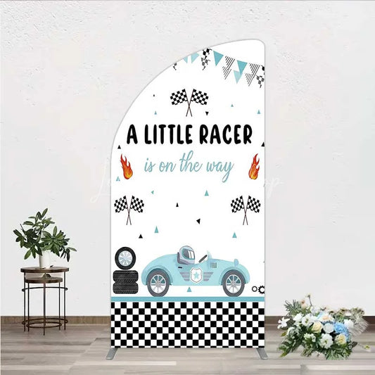 Lofaris A Little Racer is on the Way Half Moon Arch Backdrop Blue Race Car and Checkered Flag Baby Shower Decor