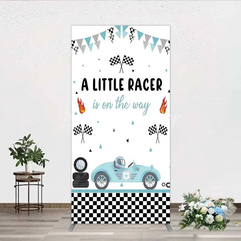 Lofaris A Little Racer is on the Way Rectangle Backdrop Blue Race Car and Checkered Flag Baby Shower Decor