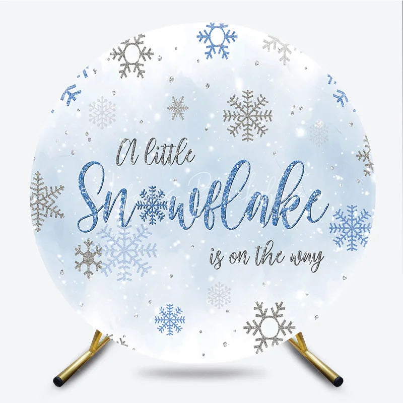 Lofaris A Little Snowflake Is On The Way Round Backdrop Winter Blue Baby Shower Decor
