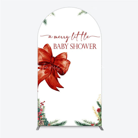 Lofaris A Merry Little Baby Shower Arch Backdrop Christmas Holiday Theme with Red Bow Winter Botanical Party Decor