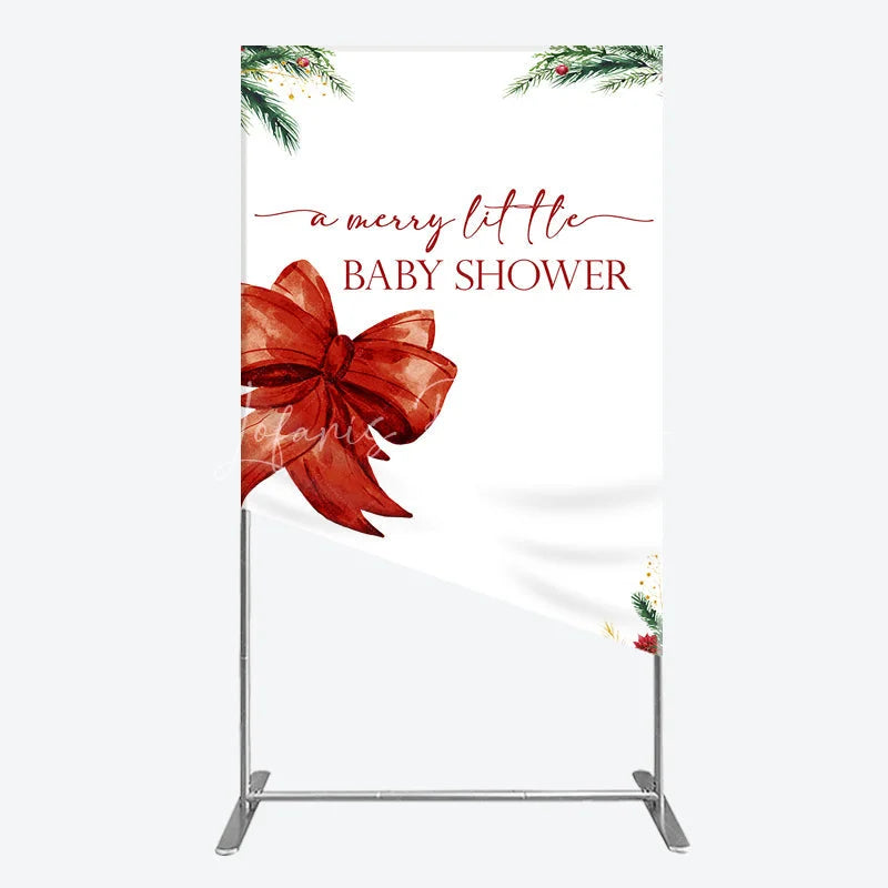 Lofaris A Merry Little Baby Shower Rectangle Backdrop Christmas Holiday Theme with Red Bow Winter Botanical Party Decor