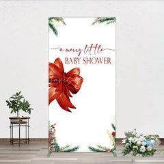 Lofaris A Merry Little Baby Shower Rectangle Backdrop Christmas Holiday Theme with Red Bow Winter Botanical Party Decor
