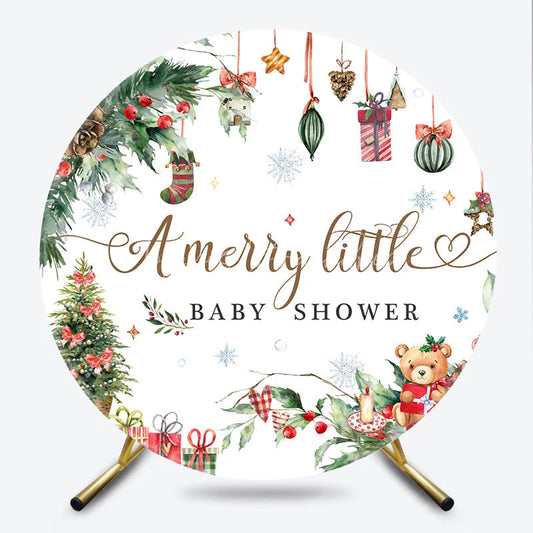 Lofaris A Merry Little Baby Shower Round Backdrop Christmas Teddy Bear Holiday Xmas Tree Party Decor for Winter
