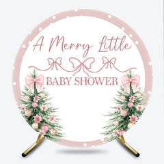 Lofaris A Merry Little Baby Shower Round Backdrop Pink Christmas Tree and Polka Dots Winter Holiday Party for Girl