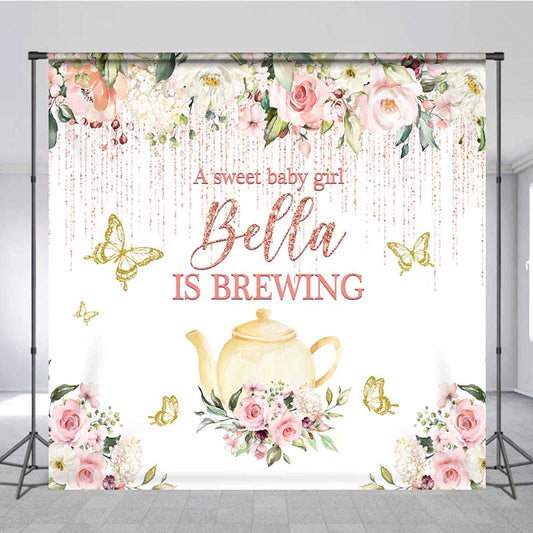 Lofaris A Sweet Baby Girl is Brewing Backdrop Custom Tea Party Shower Rose Gold Floral and Butterfly Banner