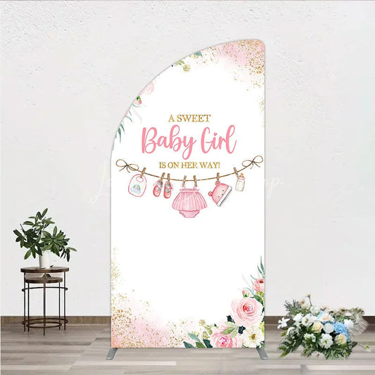 Lofaris A Sweet Baby Girl Is On Her Way Half Moon Arch Backdrop Pink Floral Gold Glitter Shower Decor