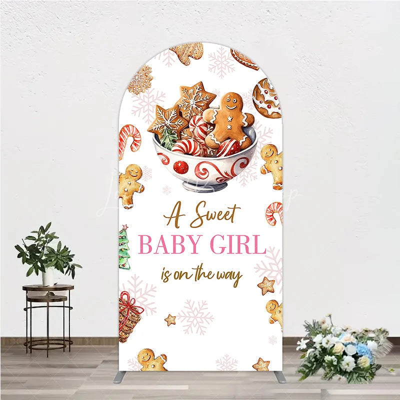 Lofaris A Sweet Baby Girl is on the Way Arch Backdrop Christmas Gingerbread Cookie Winter Holiday Shower Decor