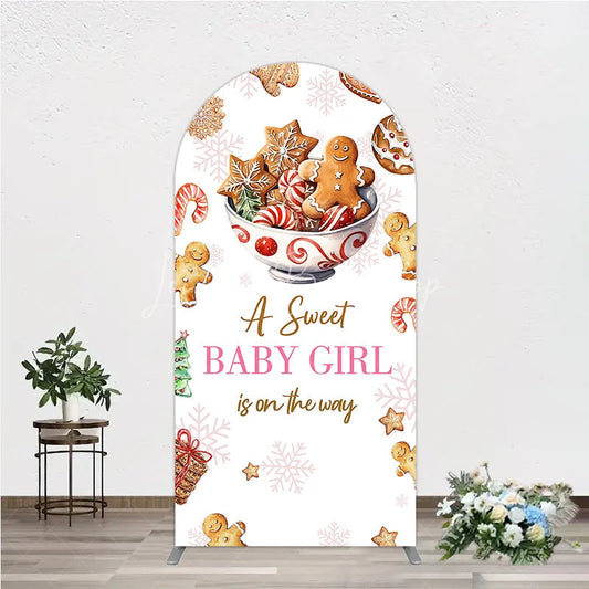 Lofaris A Sweet Baby Girl is on the Way Arch Backdrop Christmas Gingerbread Cookie Winter Holiday Shower Decor