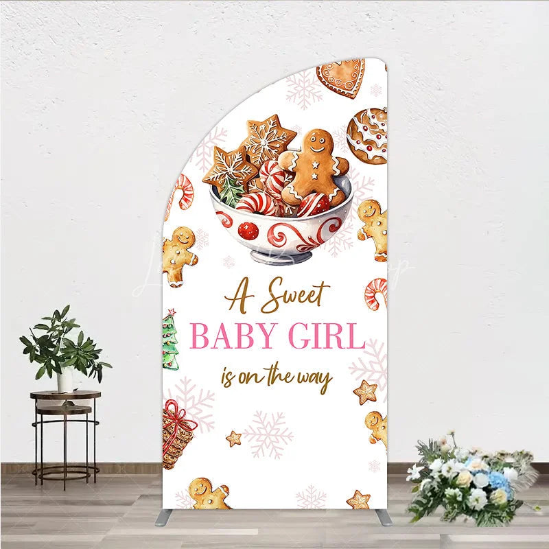 Lofaris A Sweet Baby Girl is on the Way Half Moon Arch Backdrop Christmas Gingerbread Cookie Winter Holiday Shower Decor