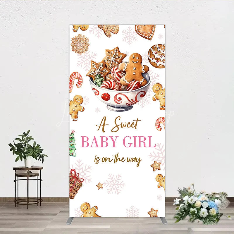 Lofaris A Sweet Baby Girl is on the Way Rectangle Backdrop Christmas Gingerbread Cookie Winter Holiday Shower Decor