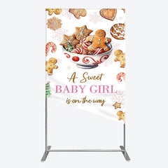 Lofaris A Sweet Baby Girl is on the Way Rectangle Backdrop Christmas Gingerbread Cookie Winter Holiday Shower Decor