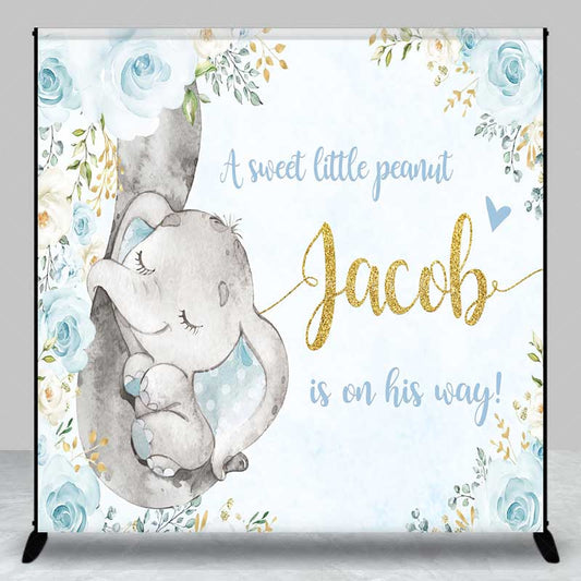 Lofaris A Sweet Little Peanut Is On His Way Backdrop Custom Elephant Baby Shower Blue and Gold Floral Welcome Sign Decor