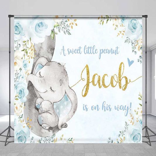 Lofaris A Sweet Little Peanut Is On His Way Backdrop Custom Elephant Baby Shower Blue and Gold Floral Welcome Sign Decor