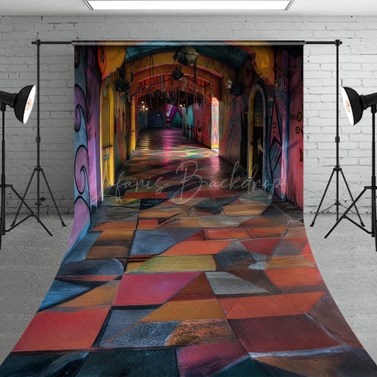 Lofaris Abandoned Funhouse Hallway Sweep Backdrop Colorful Graffiti for Grungy Photos Carnival Themed Studio Floor